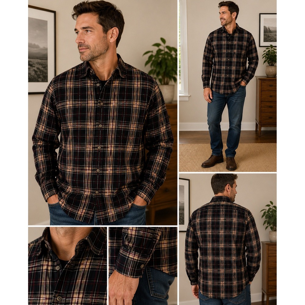 George Mens XL Plaid Flannel Shirt Long Sleeve Green Red Button Down XL 46-48
